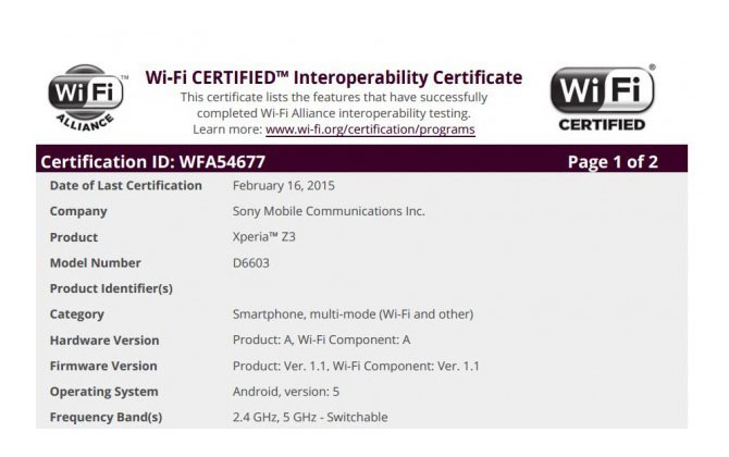 Sony Xperia Z3 Wi Fi odobrenje